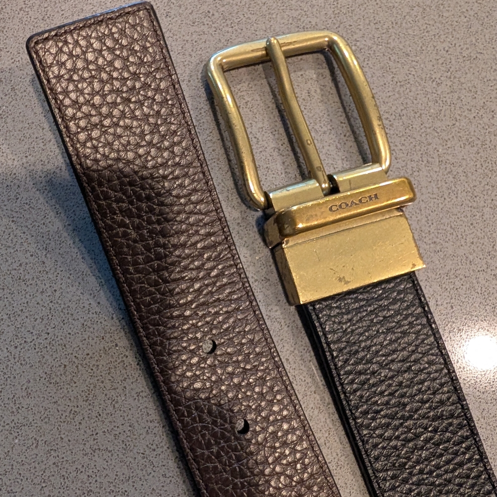 Coach Black And Brown Reversible Leather Belt with Gold Buckle